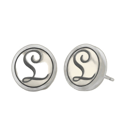 Initial L Earring by Lauren G Adams, silver-tone round disc with black cursive L, pair on Tampa Home & Garden Store