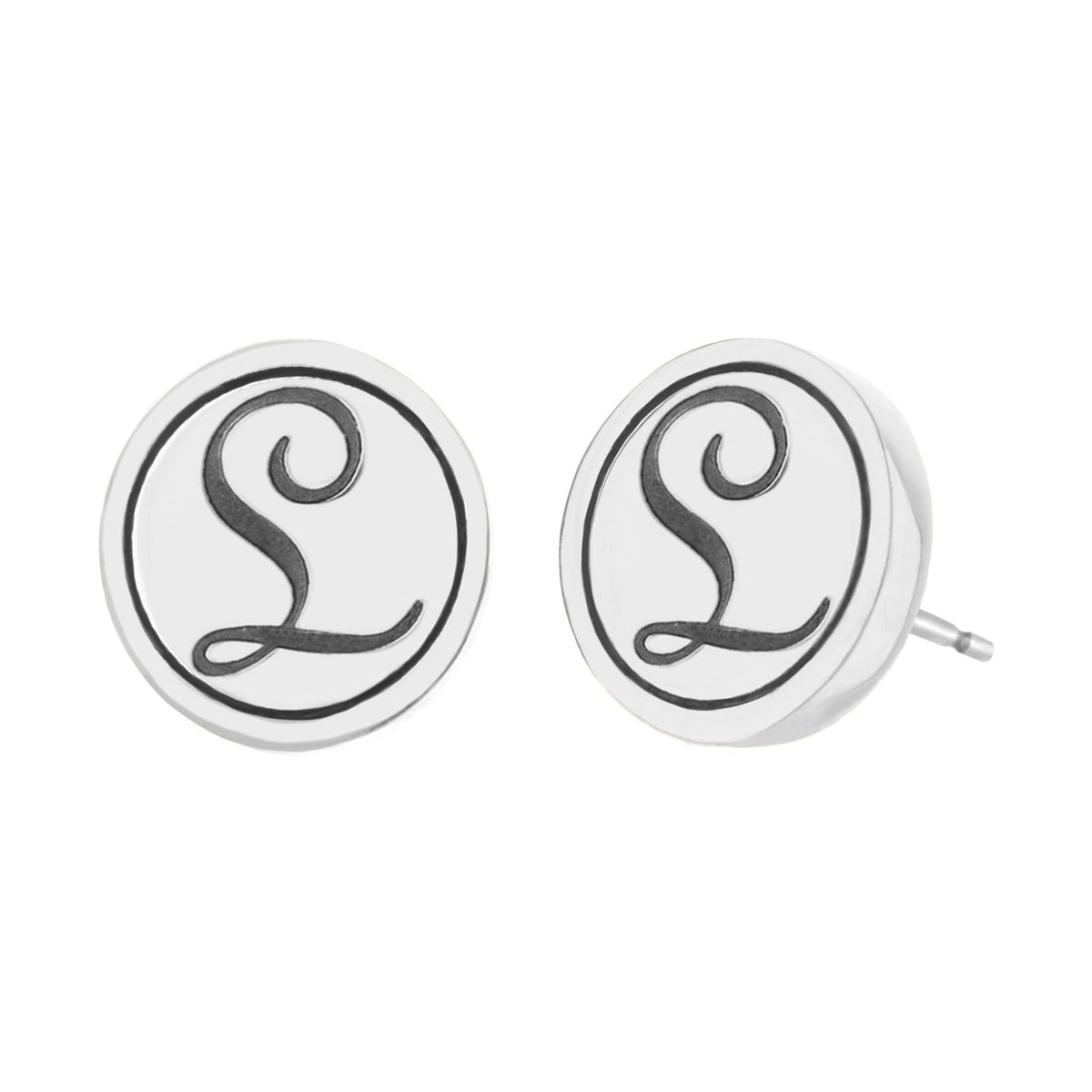 Initial L earrings, silver-tone circular studs with black script L monogram, Lauren G Adams on Tampa Home & Garden Store