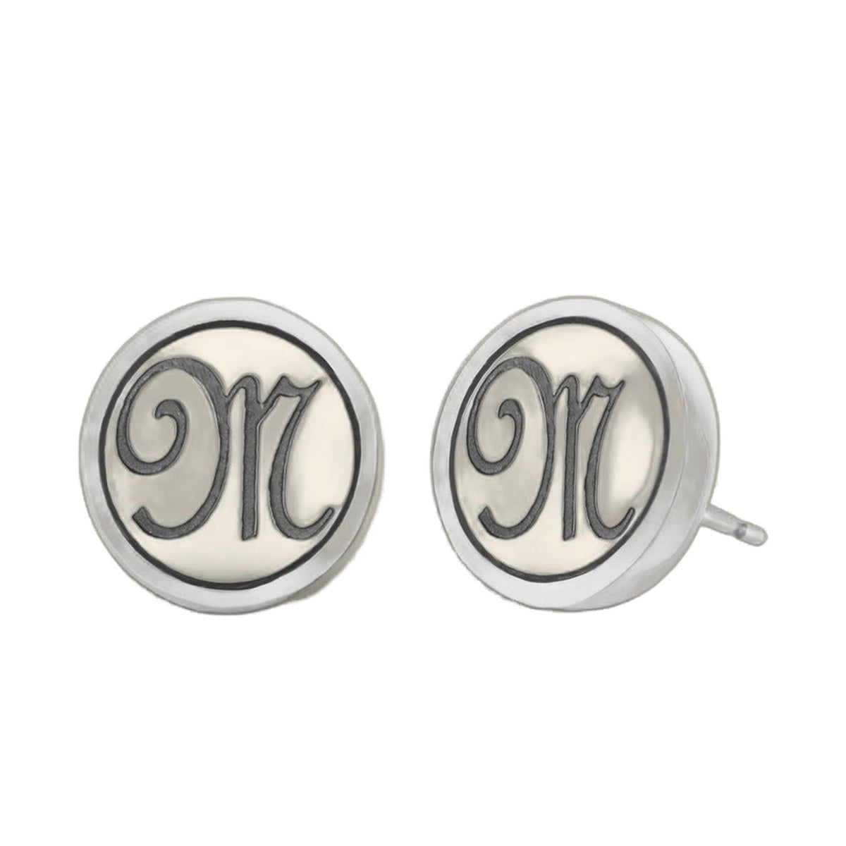 Initial M Earring pair, circular silver-tone studs with scripted M by Lauren G Adams on Tampa Home & Garden Store