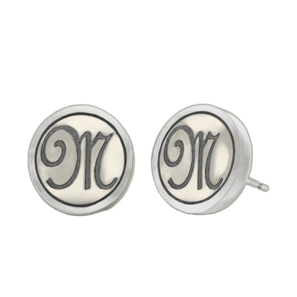 Initial M Earring pair, circular silver-tone studs with scripted M by Lauren G Adams on Tampa Home & Garden Store