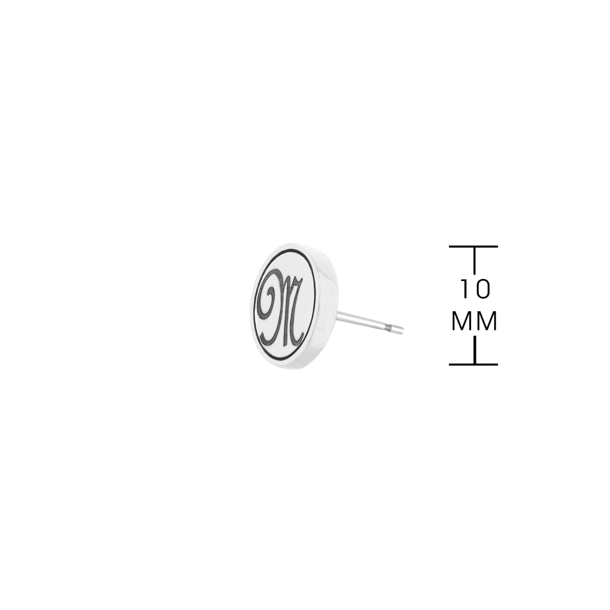 Initial M Earring by Lauren G Adams, silver-tone round disc with black M monogram on Tampa Home & Garden Store