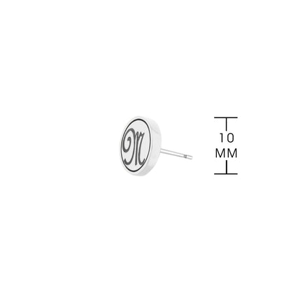 Initial M Earring by Lauren G Adams, silver-tone round disc with black M monogram on Tampa Home & Garden Store