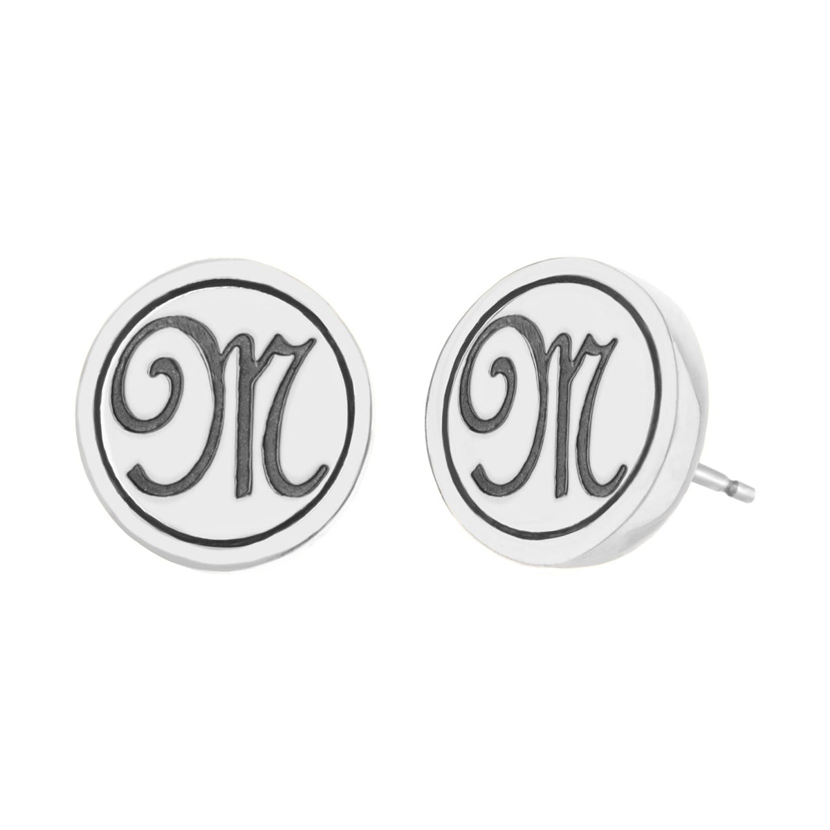 Initial M earrings pair, round white enamel studs with black monogram M by Lauren G Adams on Tampa Home & Garden Store