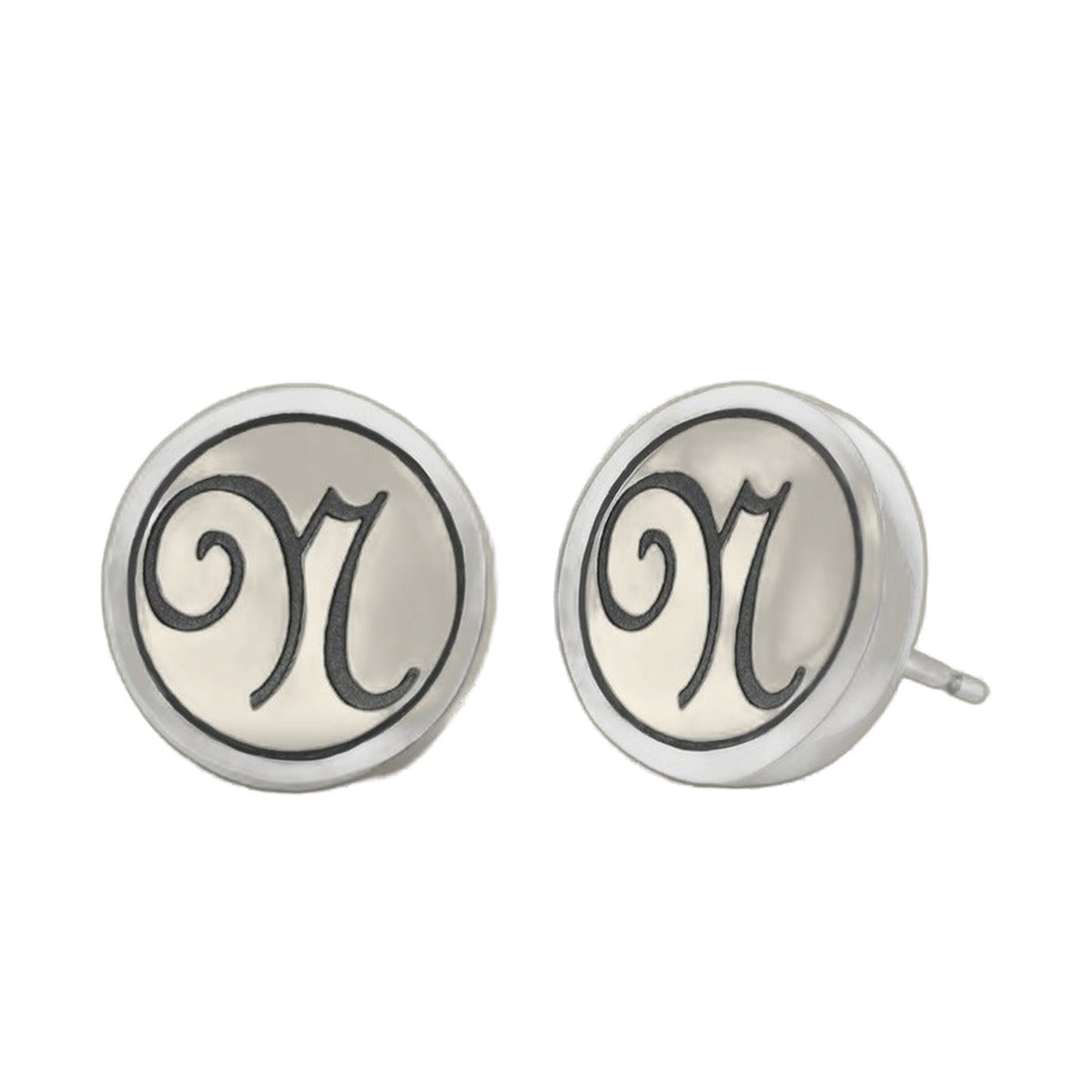 Pair of Initial N earrings by Lauren G Adams, round silver-toned studs with scripted N on Tampa Home & Garden Store