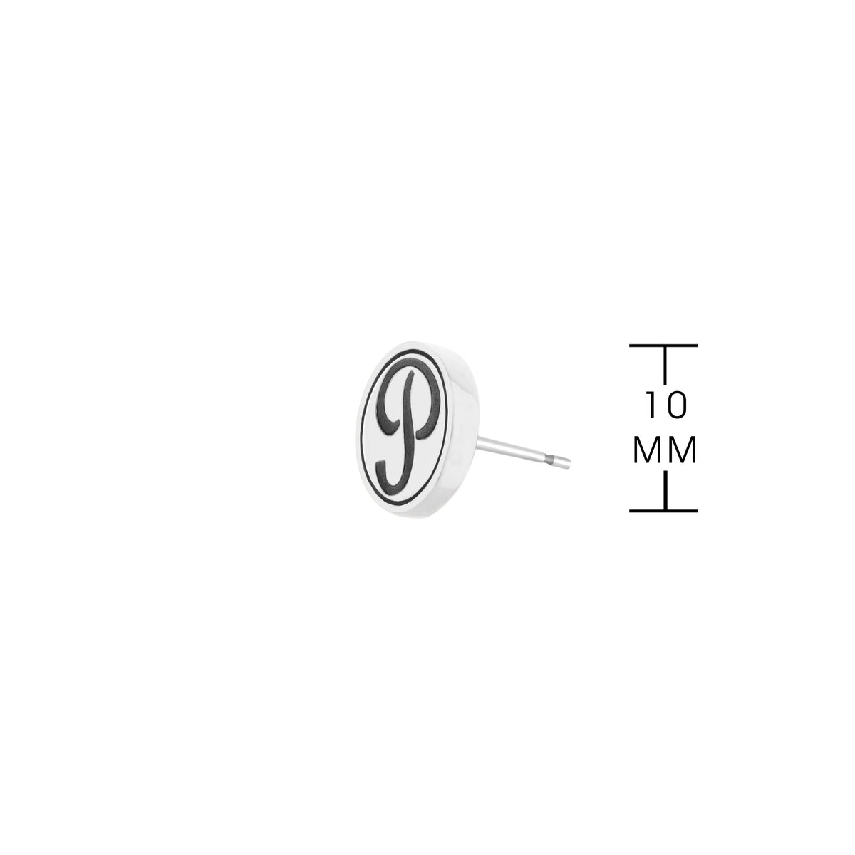 Initial P Earring by Lauren G Adams, round white enamel disk with black P, silver post on Tampa Home & Garden Store
