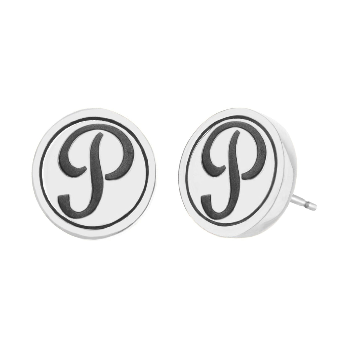 Initial P earrings, white enamel round studs with black P monogram, Lauren G Adams on Tampa Home & Garden Store