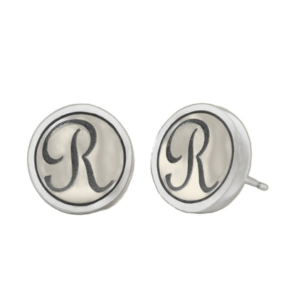 Initial R Earring pair, silver round discs with black script R by Lauren G Adams on Tampa Home & Garden Store