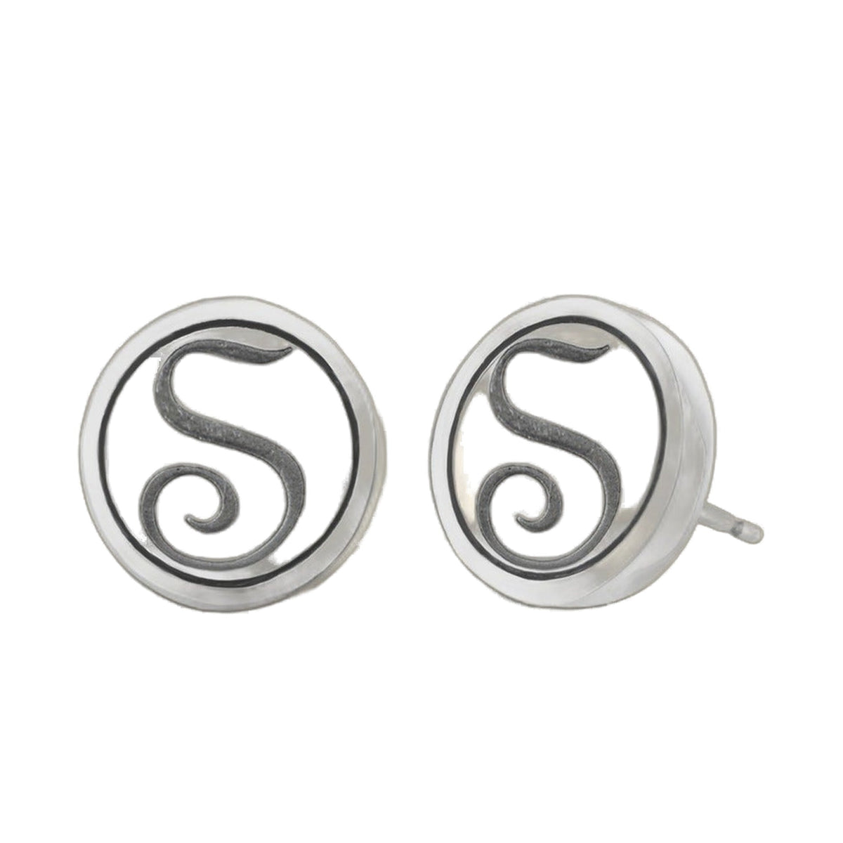 Initial S Earrings by Lauren G Adams, silver circular hoops with black S swirl design on Tampa Home & Garden Store