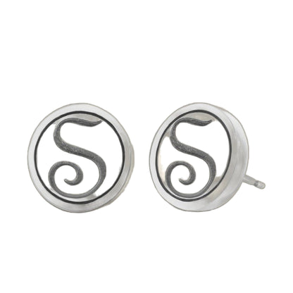 Initial S Earrings by Lauren G Adams, silver circular hoops with black S swirl design on Tampa Home & Garden Store