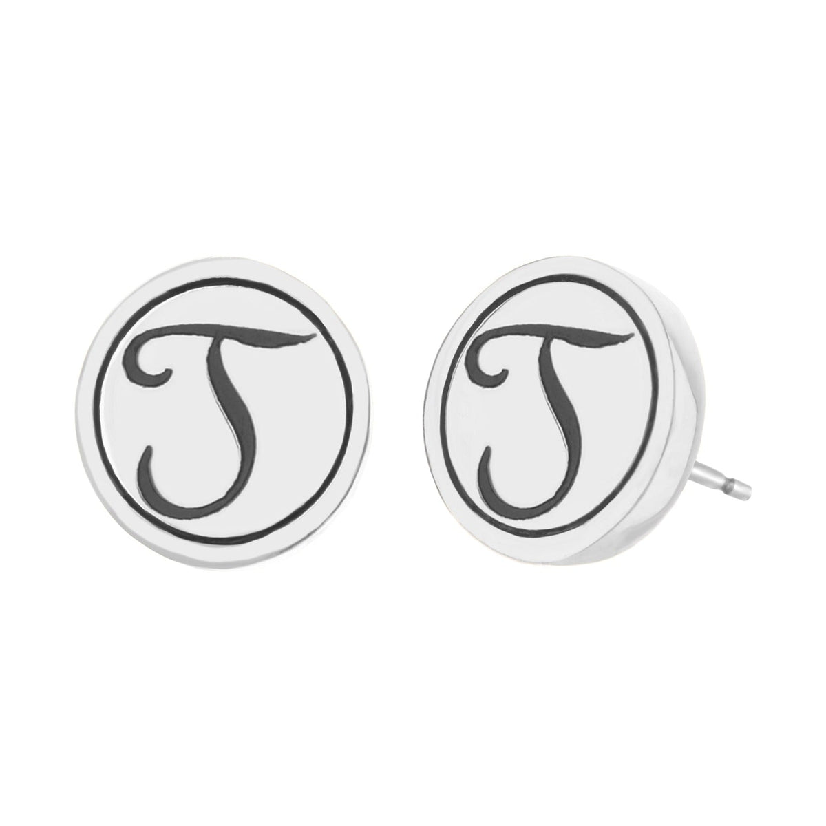 Initial T Earrings pair with white circular enamel discs and black script T, silver posts on Tampa Home & Garden Store