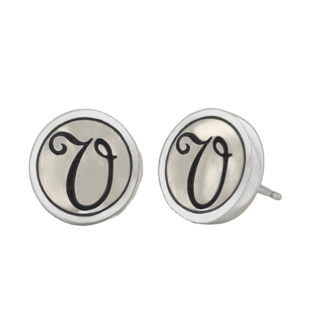 Initial V earring pair; round silver studs with cream faces and black cursive V design on Tampa Home & Garden Store