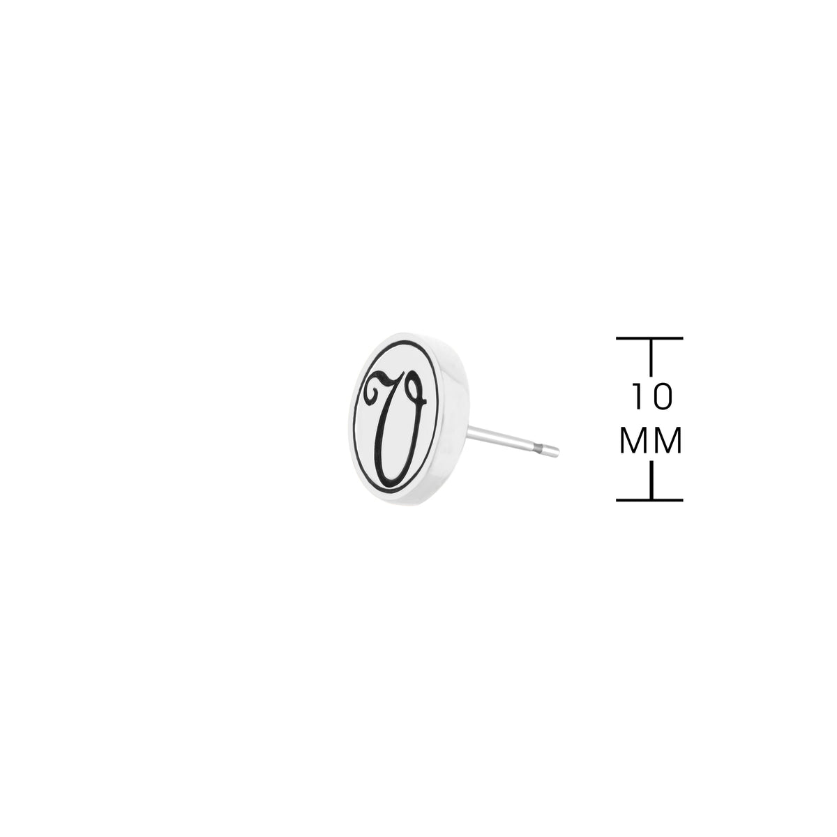Initial V Earring by Lauren G Adams, white enamel round disk with black V script, 10 mm on Tampa Home & Garden Store