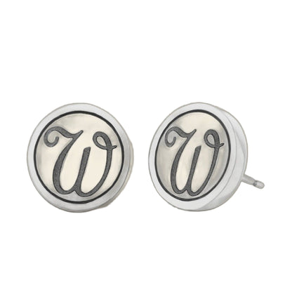 Initial W earring pair by Lauren G Adams; silver-tone oval studs with ivory centers and W on Tampa Home & Garden Store