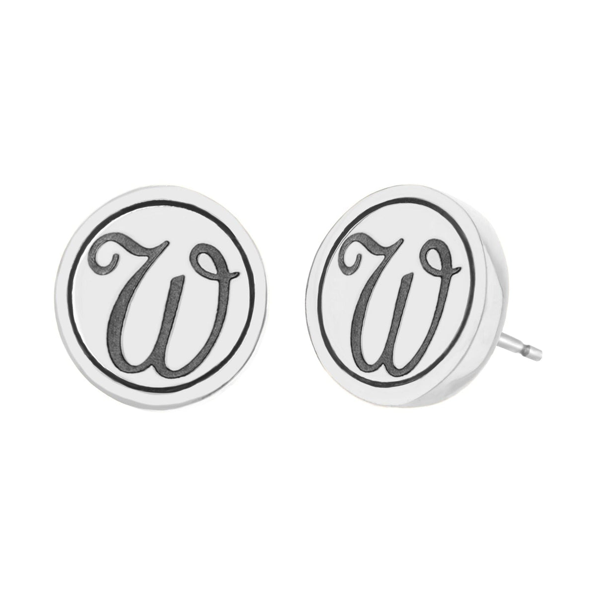 Pair of Initial W earrings by Lauren G Adams; white enamel round studs with black W monogram on Tampa Home & Garden Store