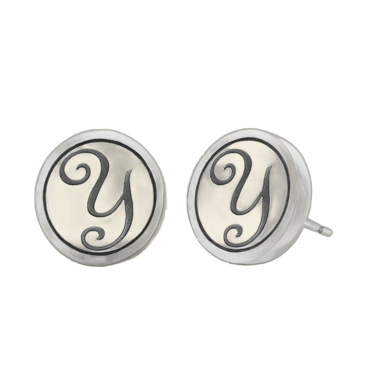 Initial Y earrings, silver round discs with black cursive Y on Tampa Home & Garden Store