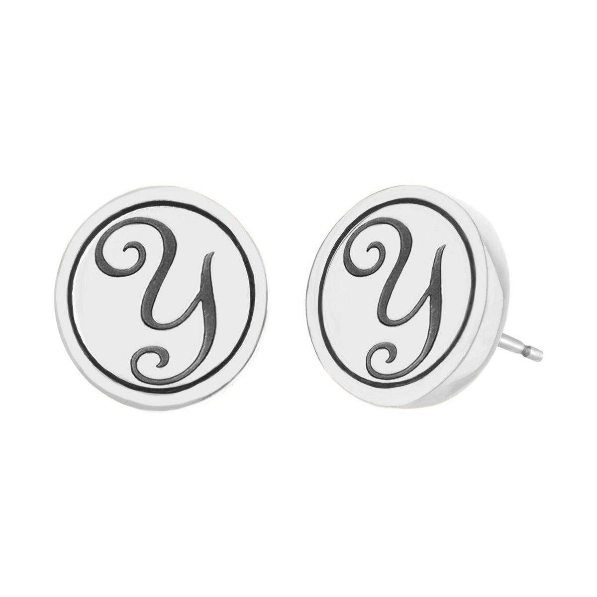 Initial Y Earrings by Lauren G Adams, round studs with white enamel and black monogram Y on Tampa Home & Garden Store