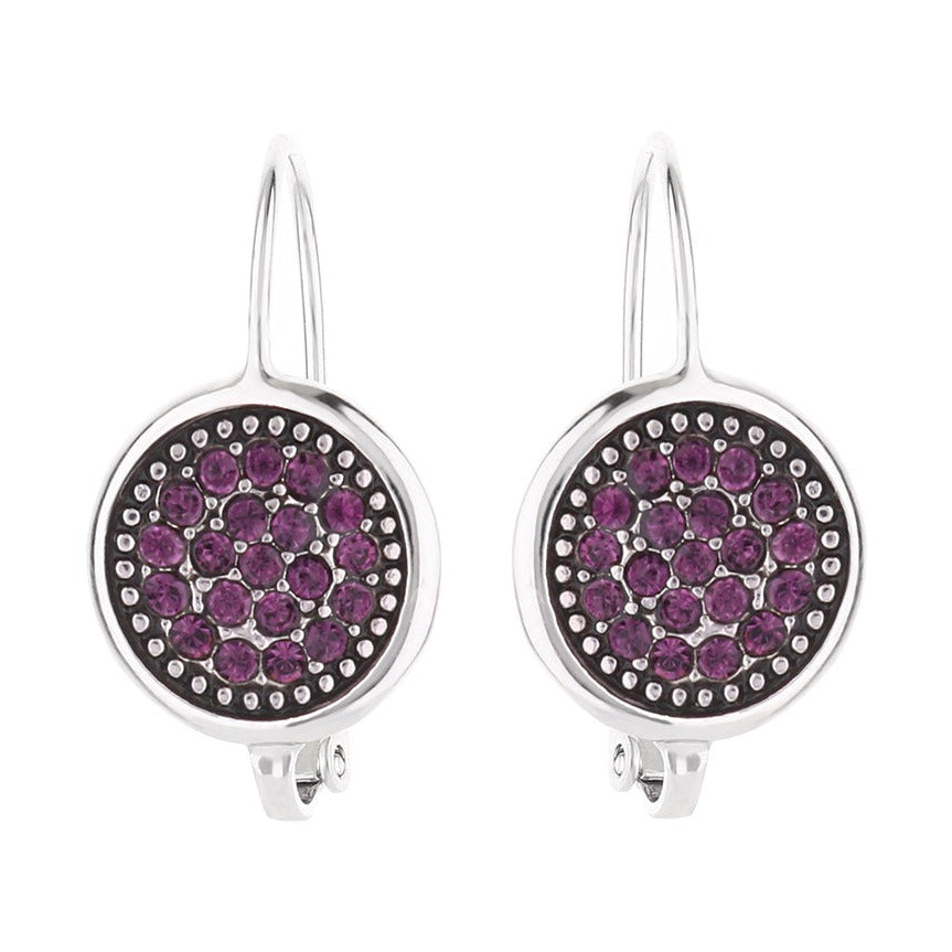 February Birthstone Color Earrings by Lauren G Adams, silver discs with purple stones, pair on Tampa Home & Garden Store