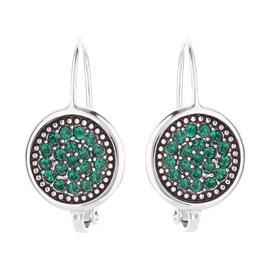 May birthstone color earrings by Lauren G Adams, emerald stone round silver discs, pair on Tampa Home & Garden Store