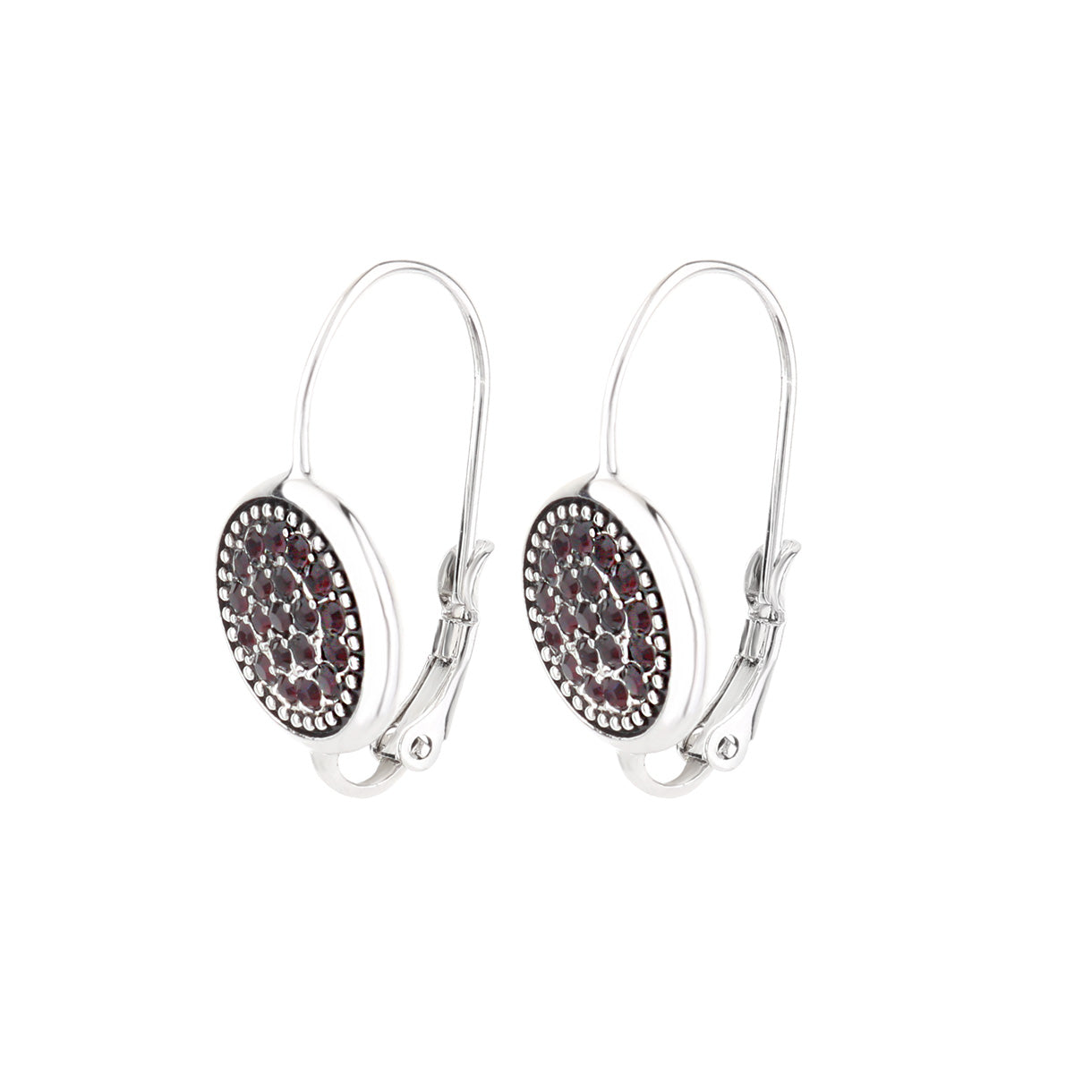 January Birthstone Color Earrings, pair of silver-tone lever-back hoops with garnet stone cluster on Tampa Home & Garden Store