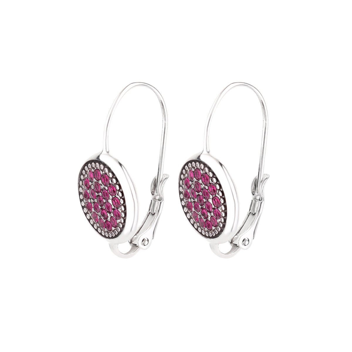 Birthstone color lever-back earrings with pink stones in a silver setting by Lauren G Adams on Tampa Home & Garden Store