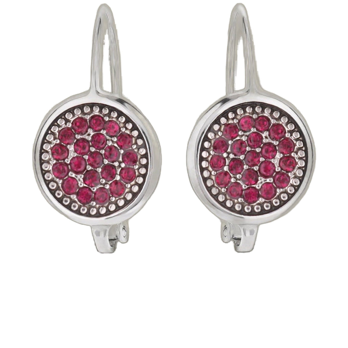 July Birthstone Color Earrings: circular pink gemstone clusters in silver settings, pair on Tampa Home & Garden Store