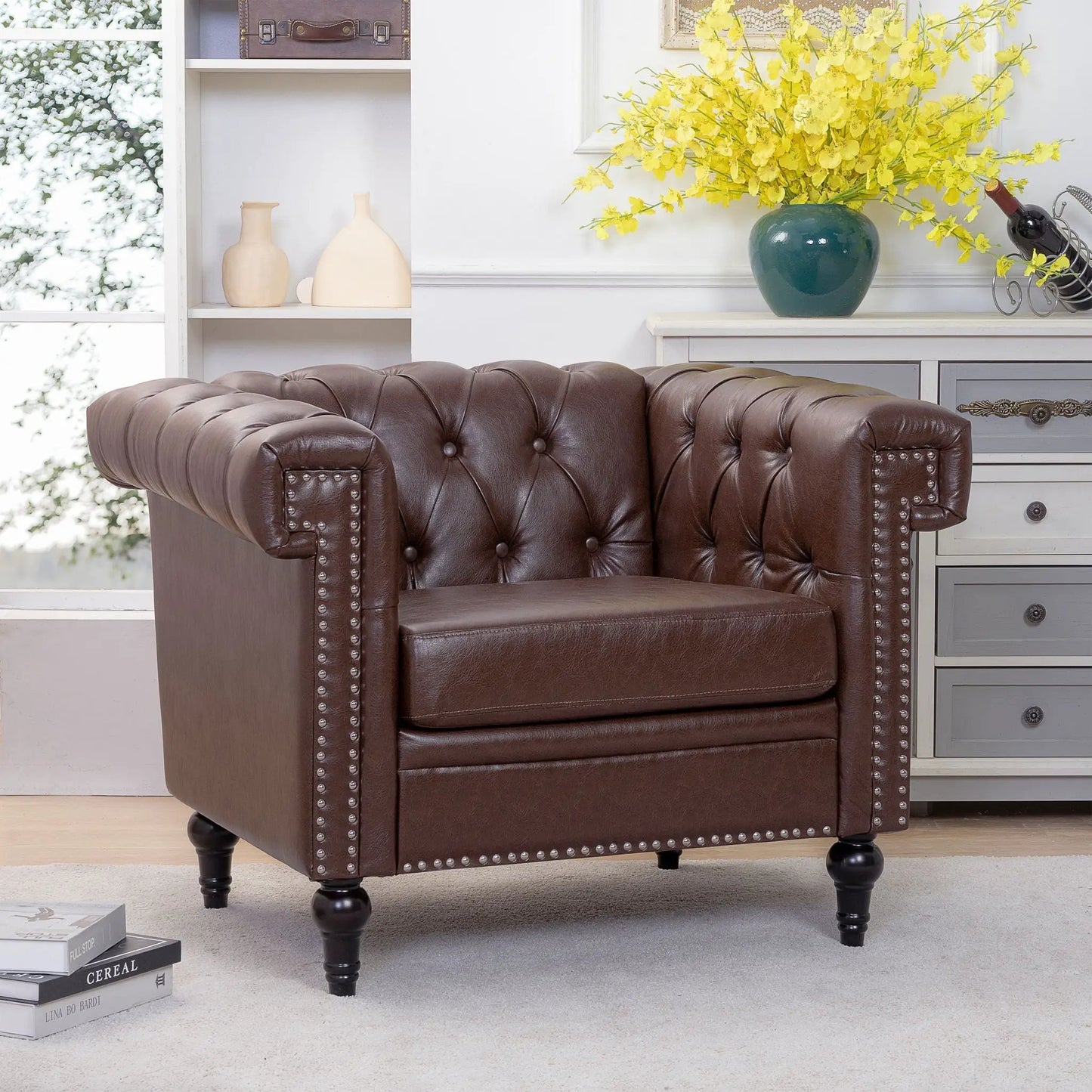 1 Seater Sofa Living Room brown leather tufted with nailhead trim Unique Piece Furniture on Tampa Home & Garden Store