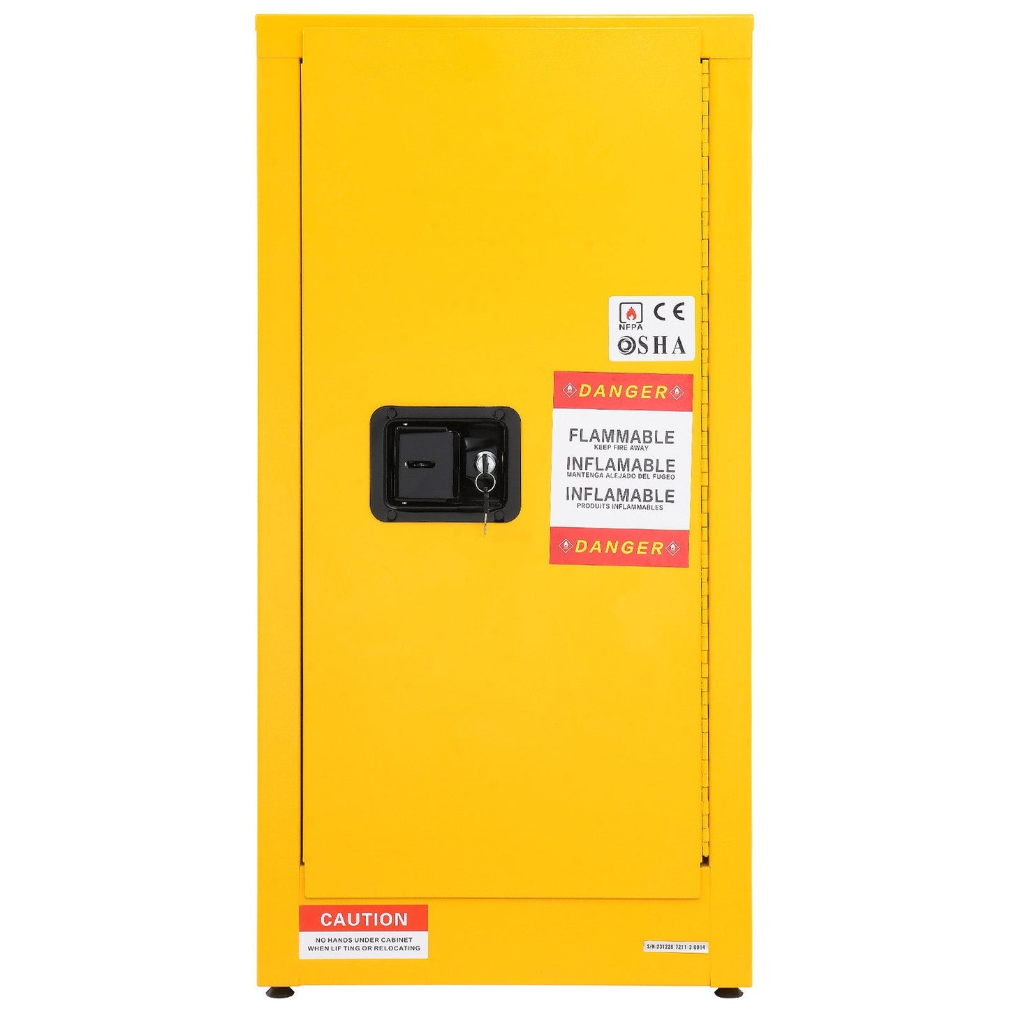 Galvanized steel flammable storage cabinet yellow with lockable door and warning labels on Tampa Home & Garden Store