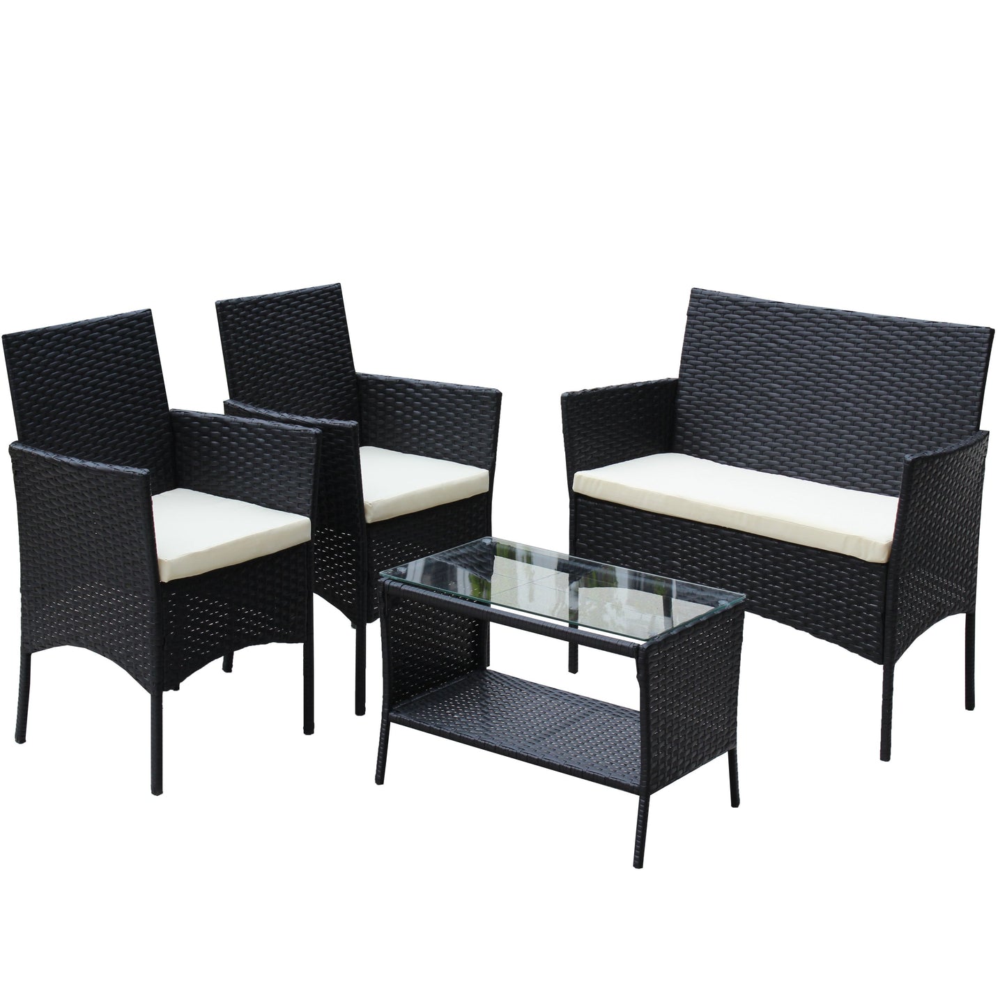 4-Piece HouseOfZazla Rattan Outdoor Patio Set with Cushioned Beige Seats and Glass Coffee Table on Tampa Home & Garden Store