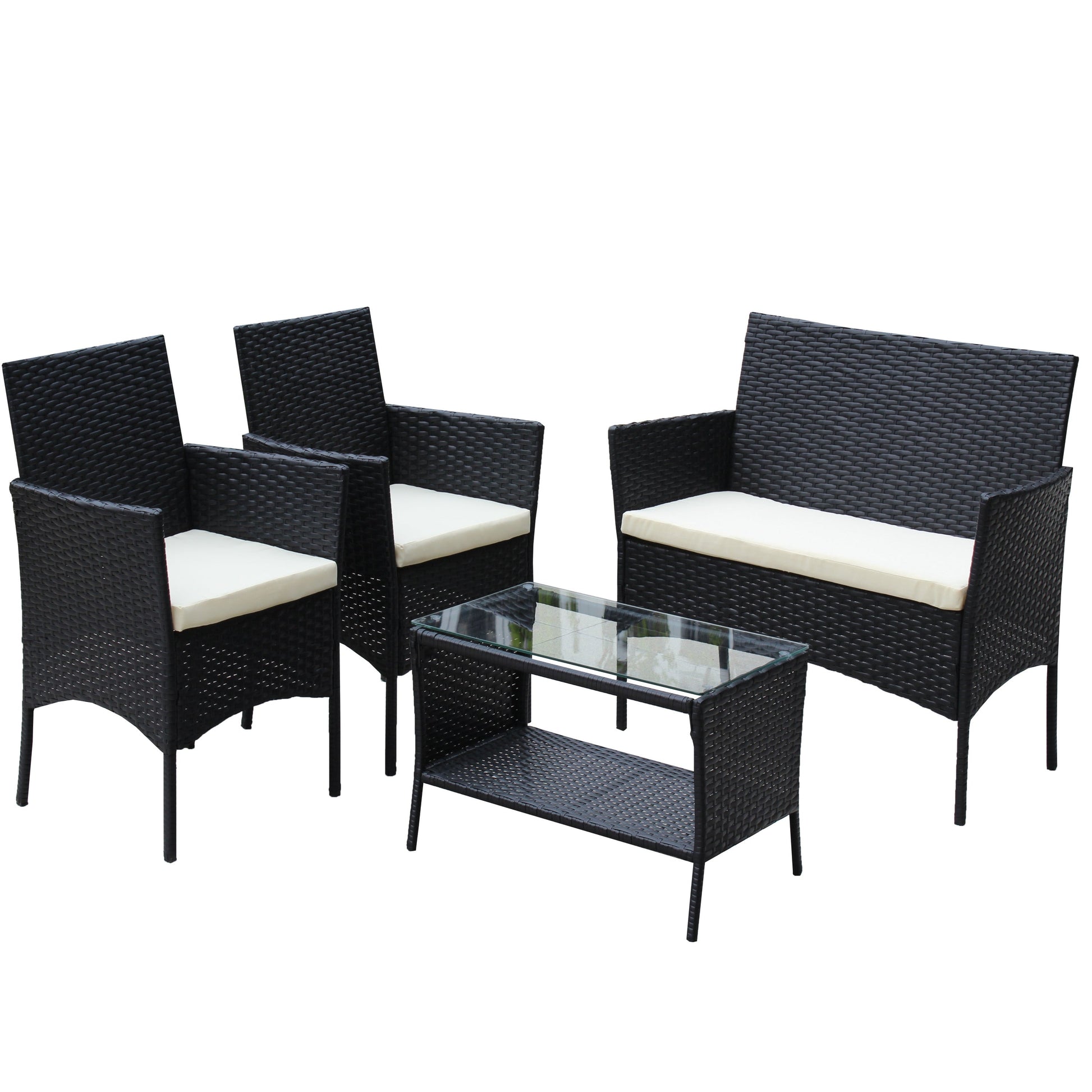 4-Piece HouseOfZazla Rattan Outdoor Patio Set with Cushioned Beige Seats and Glass Coffee Table on Tampa Home & Garden Store