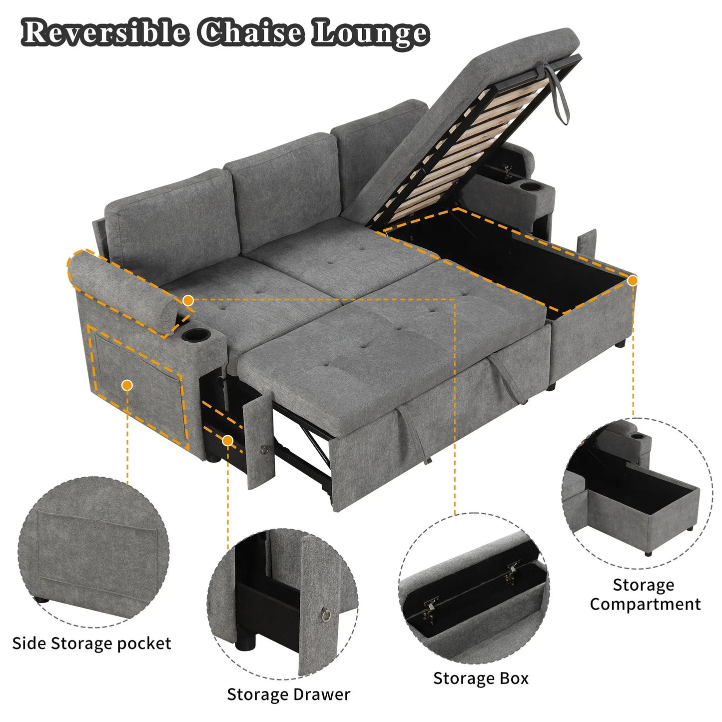 Convertible L-shaped gray sofa with storage, cup holders and USB ports by Unique Piece Furniture on Tampa Home & Garden Store