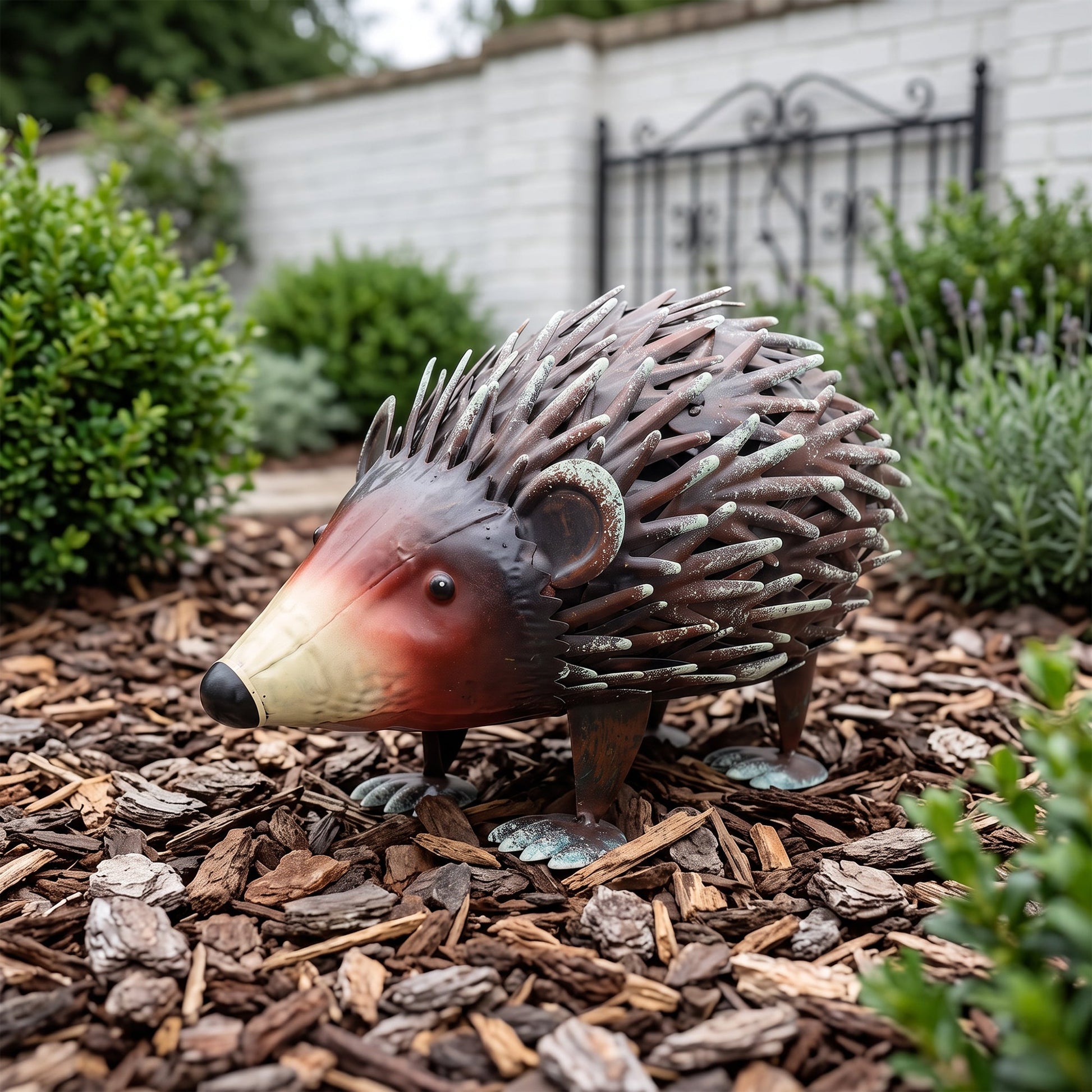 Handmade wrought iron hedgehog garden statue with spiky brown-green patina on Tampa Home & Garden Store