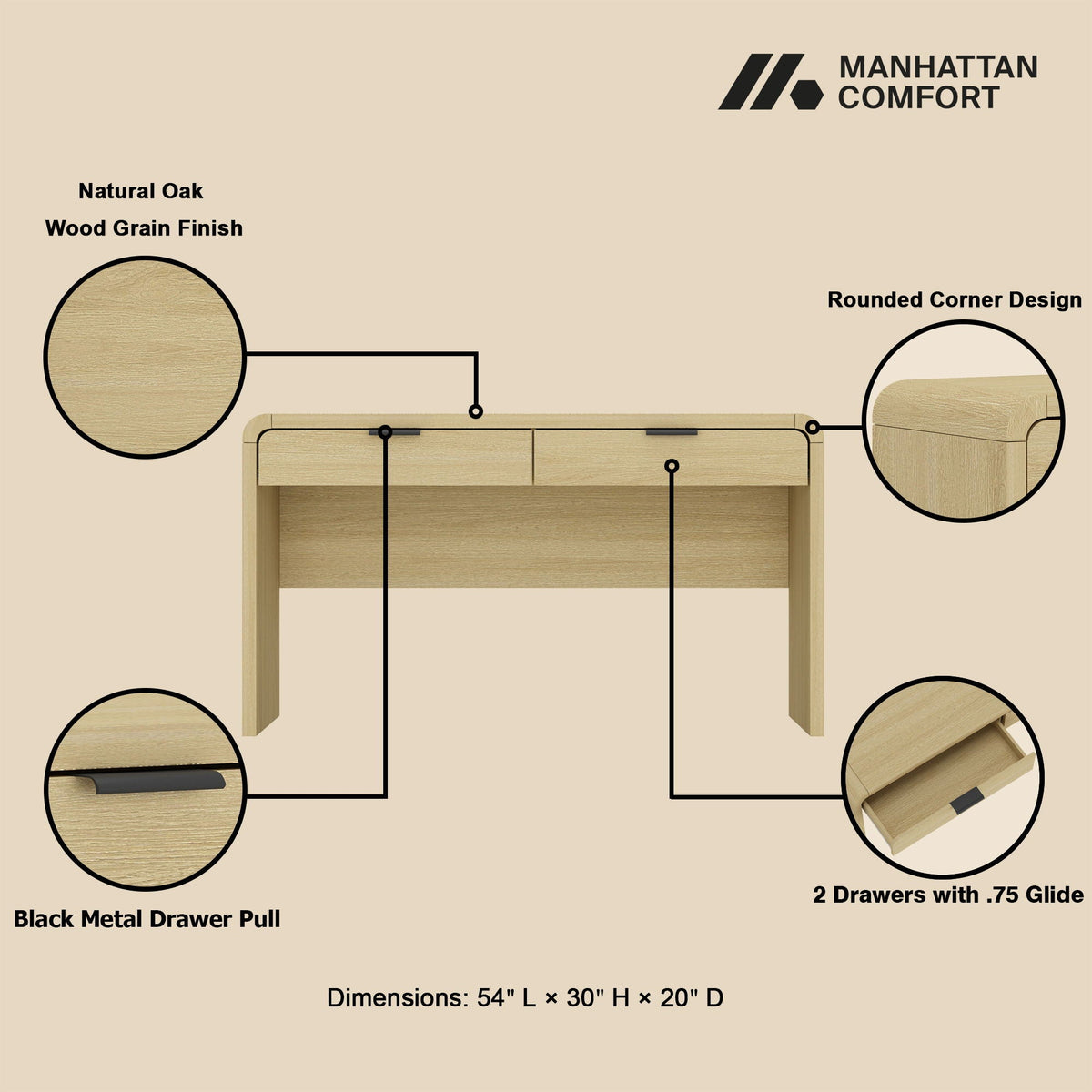 Oak office desk with 2 drawers in natural oak wood finish by HouseOfZazla Grace Collection on Tampa Home & Garden Store