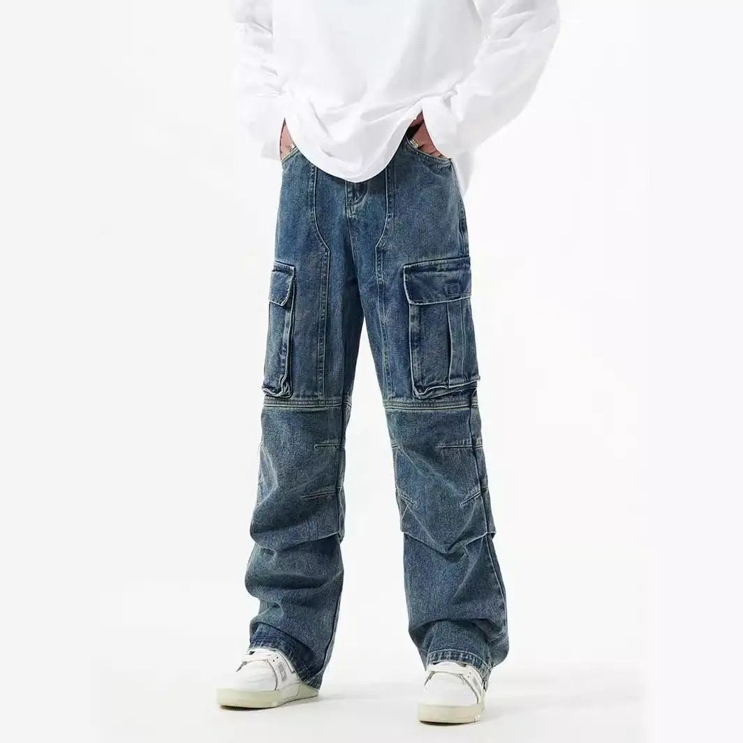 Washed Distressed Cargo Jeans with large cargo pockets, wide-leg straight fit FLIPSTYLEZLLC on Tampa Home & Garden Store