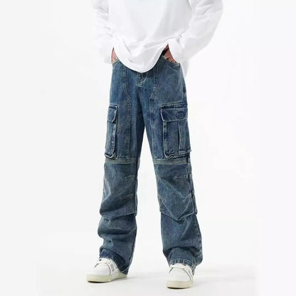 Washed Distressed Cargo Jeans with large cargo pockets, wide-leg straight fit FLIPSTYLEZLLC on Tampa Home & Garden Store