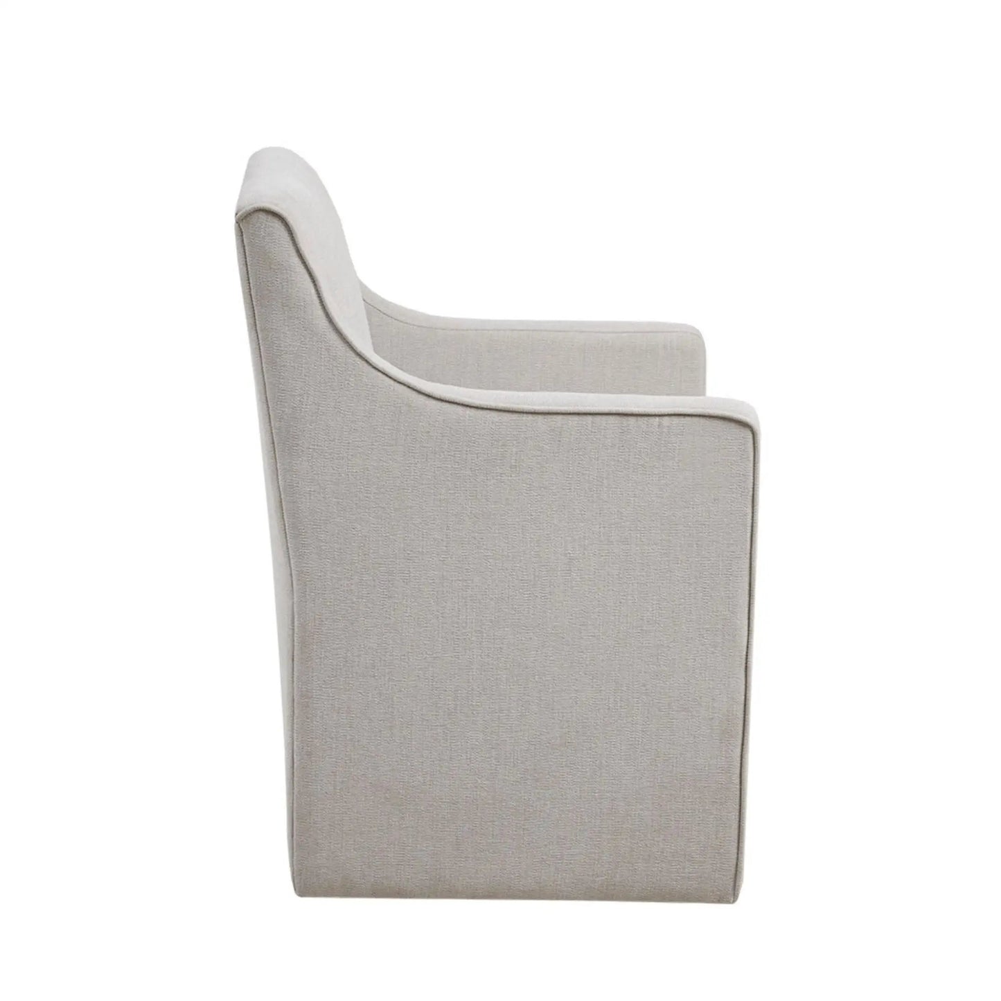 Traditional skirted dining arm chair with light beige textured fabric and curved arms on Tampa Home & Garden Store