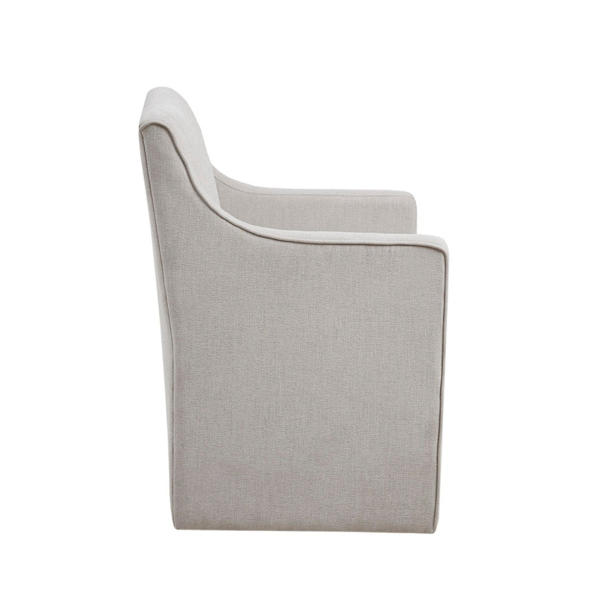 HouseOfZazla traditional skirted dining arm chair in neutral gray-beige fabric with curved arms on Tampa Home & Garden Store