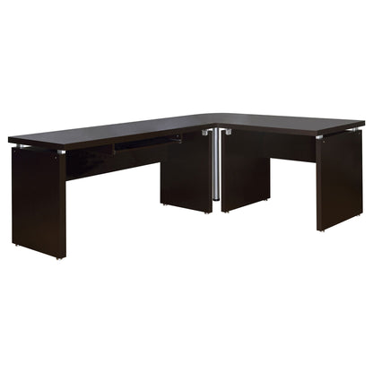 Ulloa L-shaped corner desk cappuccino with slide-out keyboard tray and storage drawers on Tampa Home & Garden Store