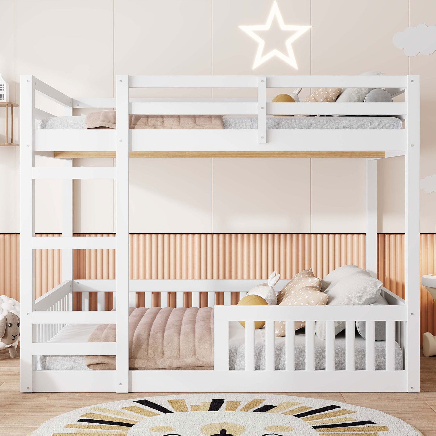 White wooden bunk bed with ladder and guardrails, twin over twin, beige bedding on Tampa Home & Garden Store