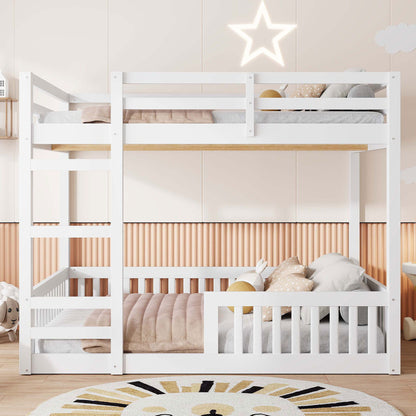 White wooden bunk bed with ladder and guardrails, twin over twin, beige bedding on Tampa Home & Garden Store