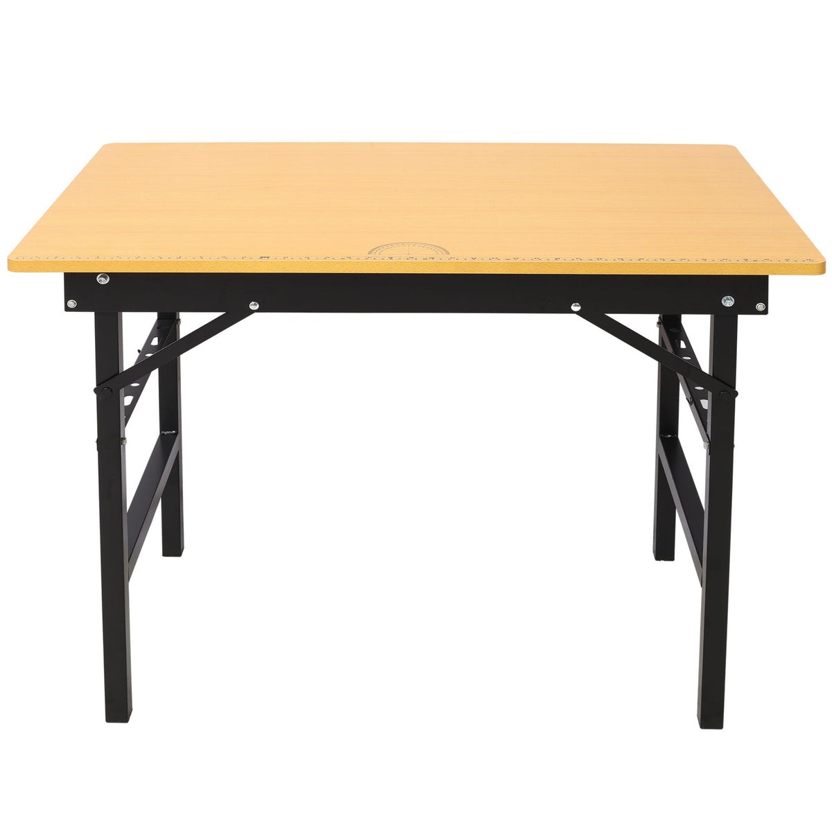 Portable folding work table with wood top and black frame, measuring tape and protractor on Tampa Home & Garden Store