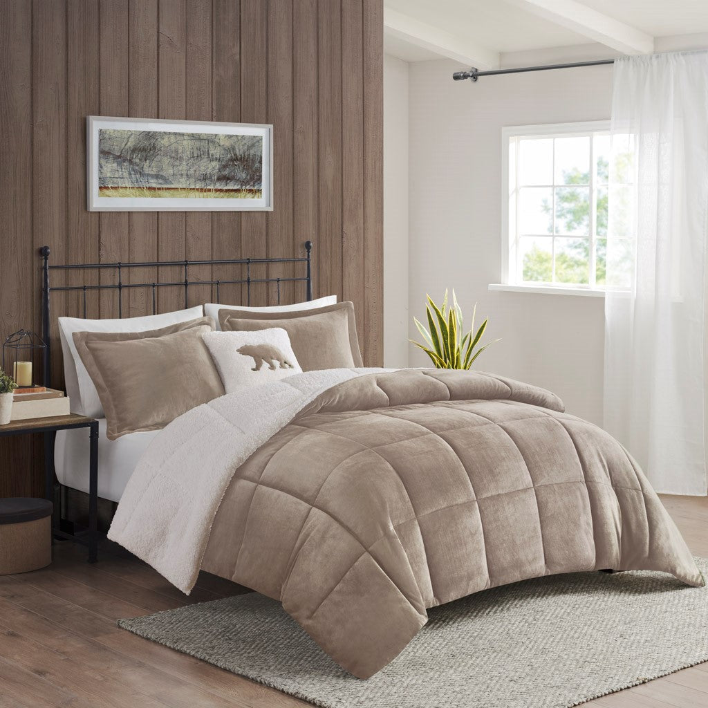Full/Queen Plush to Sherpa Down Alternative Comforter Set by HouseOfZazla in taupe beige on Tampa Home & Garden Store
