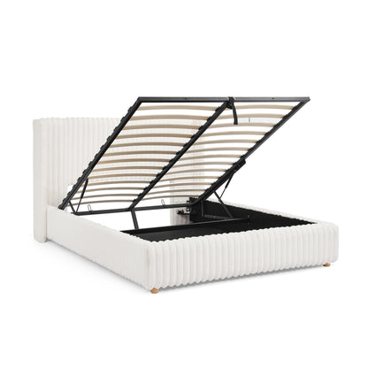 Functional vertical striped storage bed with gas lift black metal frame white upholstered base on Tampa Home & Garden Store