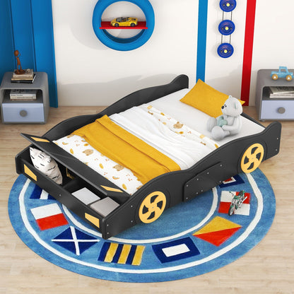 Race Car Shaped Platform Bed With Wheels And Storage in black with yellow wheel accents on Tampa Home & Garden Store