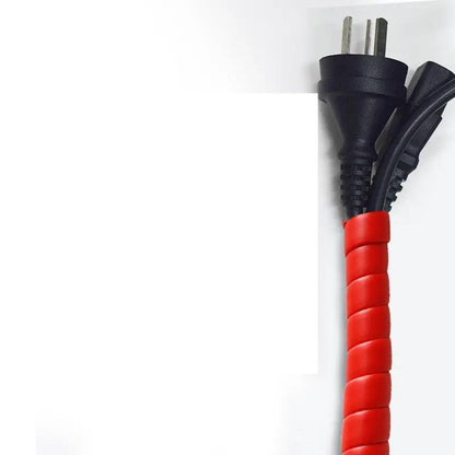 Anti-cat and dog bite cord protector with red spiral wrap on black power cord and two-prong plug on Tampa Home & Garden Store