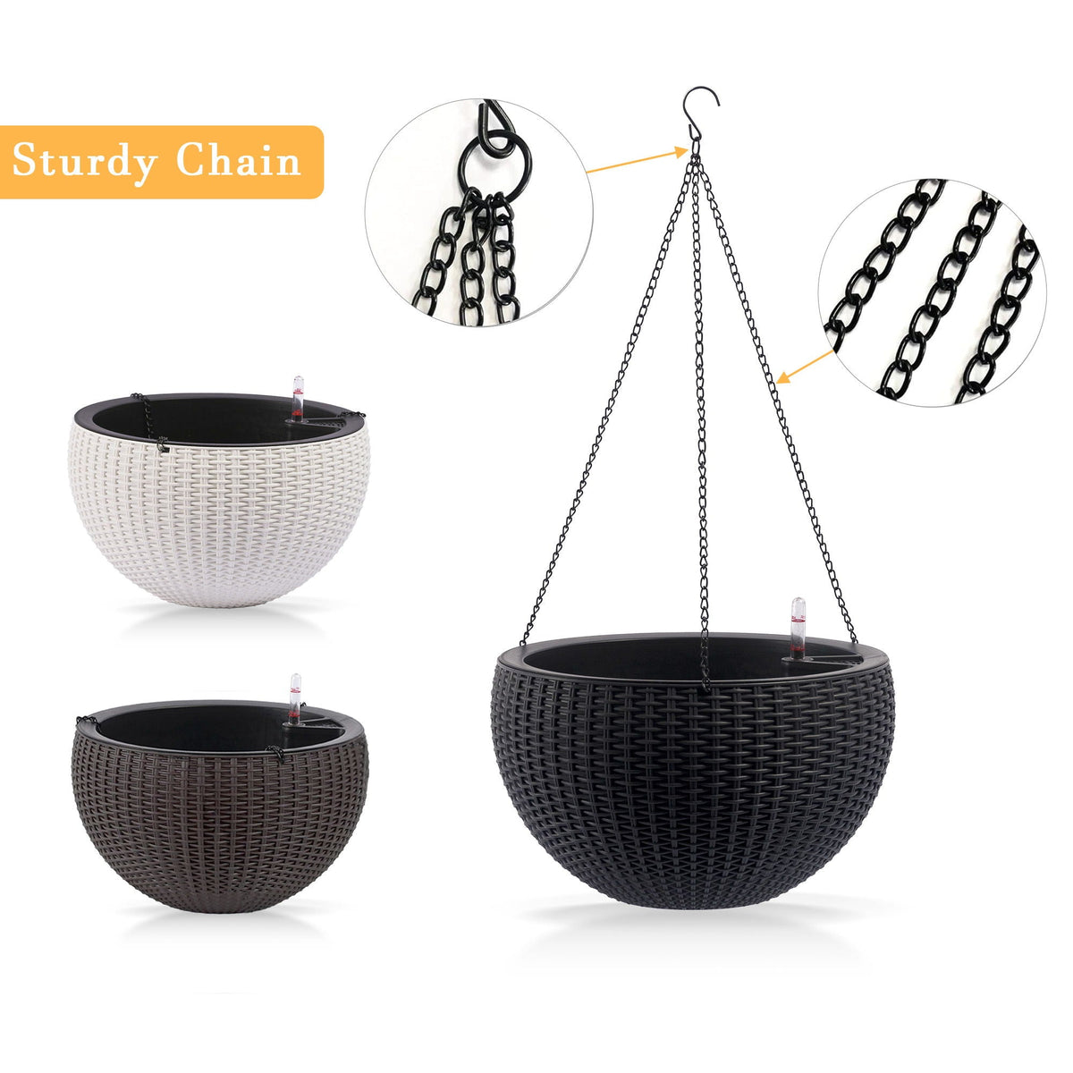 Self Watering Hanging Planter by HouseOfZazla in black wicker with sturdy chains on Tampa Home & Garden Store