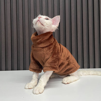 Fashion Personality Ren Fa Cai Hairless Cat Clothes in brown plush fleece worn by white cat on Tampa Home & Garden Store