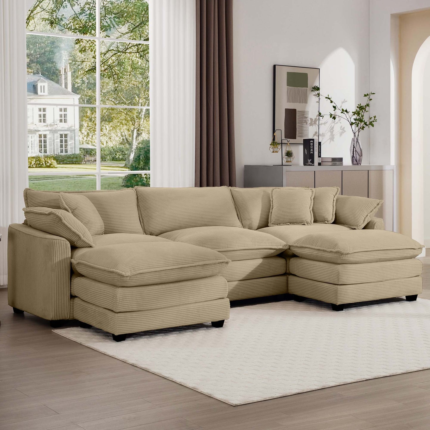 Modern oversized modular cushion sofa with ottoman in beige ribbed fabric, low back 2-piece set on Tampa Home & Garden Store