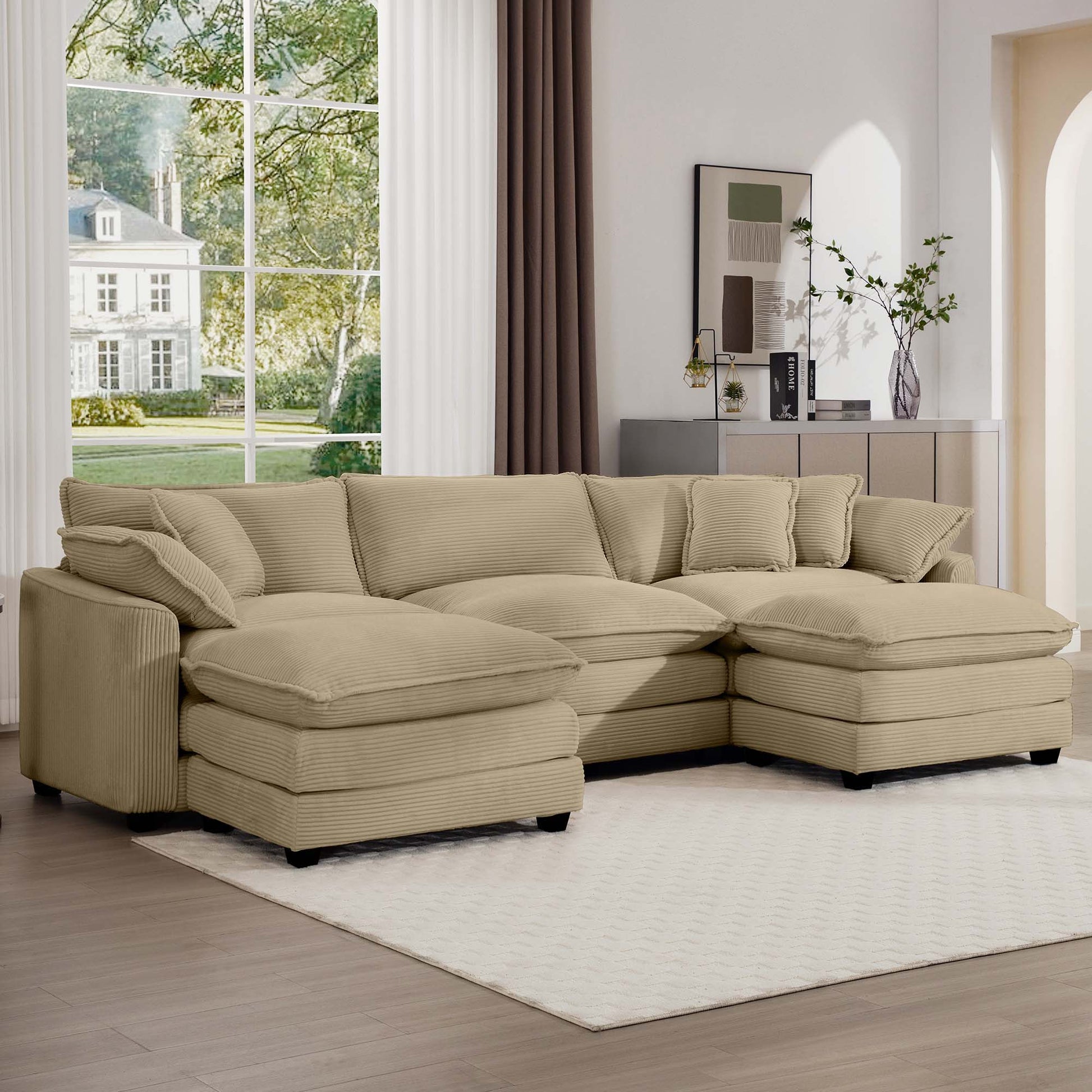 Modern oversized modular cushion sofa with ottoman in beige ribbed fabric, low back 2-piece set on Tampa Home & Garden Store