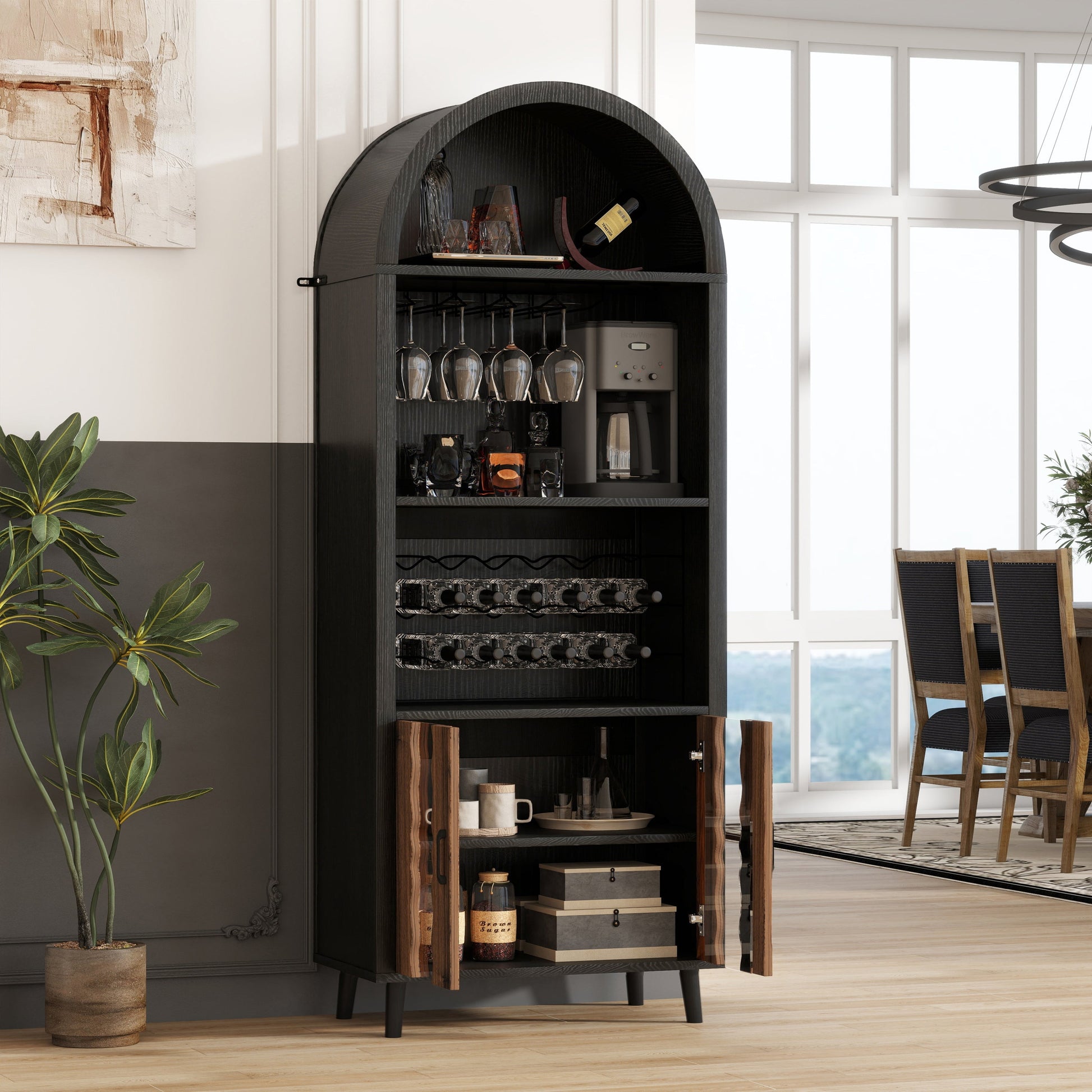 71' Farmhouse Arched Wine Bar Cabinet black wood with bottle shelf and stemware rack on Tampa Home & Garden Store