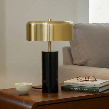 Small Modern Stylish Desk Lamp by HouseOfZazla, gold metal shade atop a black stem on desk on Tampa Home & Garden Store
